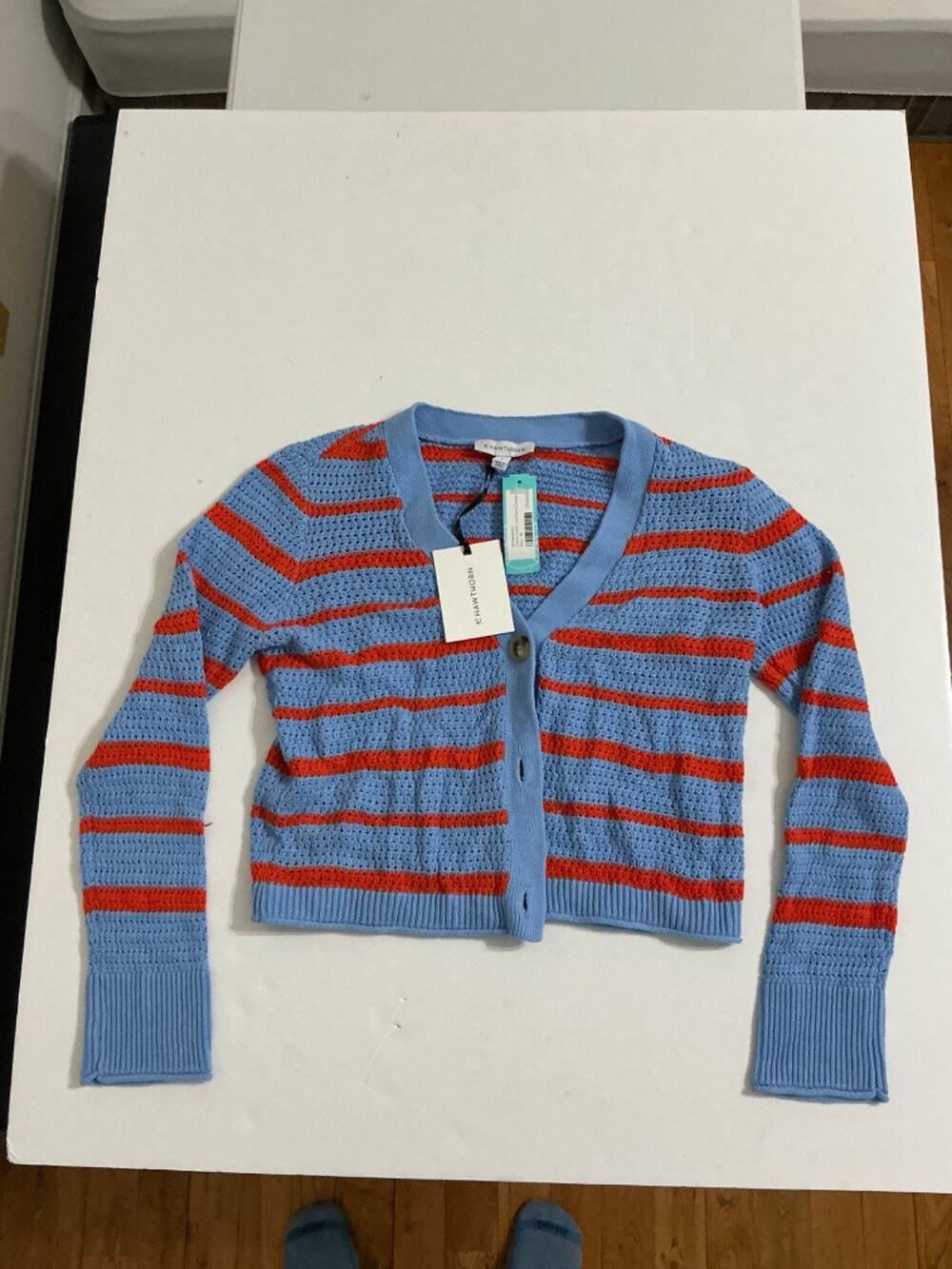 41 Hawthorn Claire V-Neck Cardigan Women's M Blue Orange Striped Cotton Knit NWT